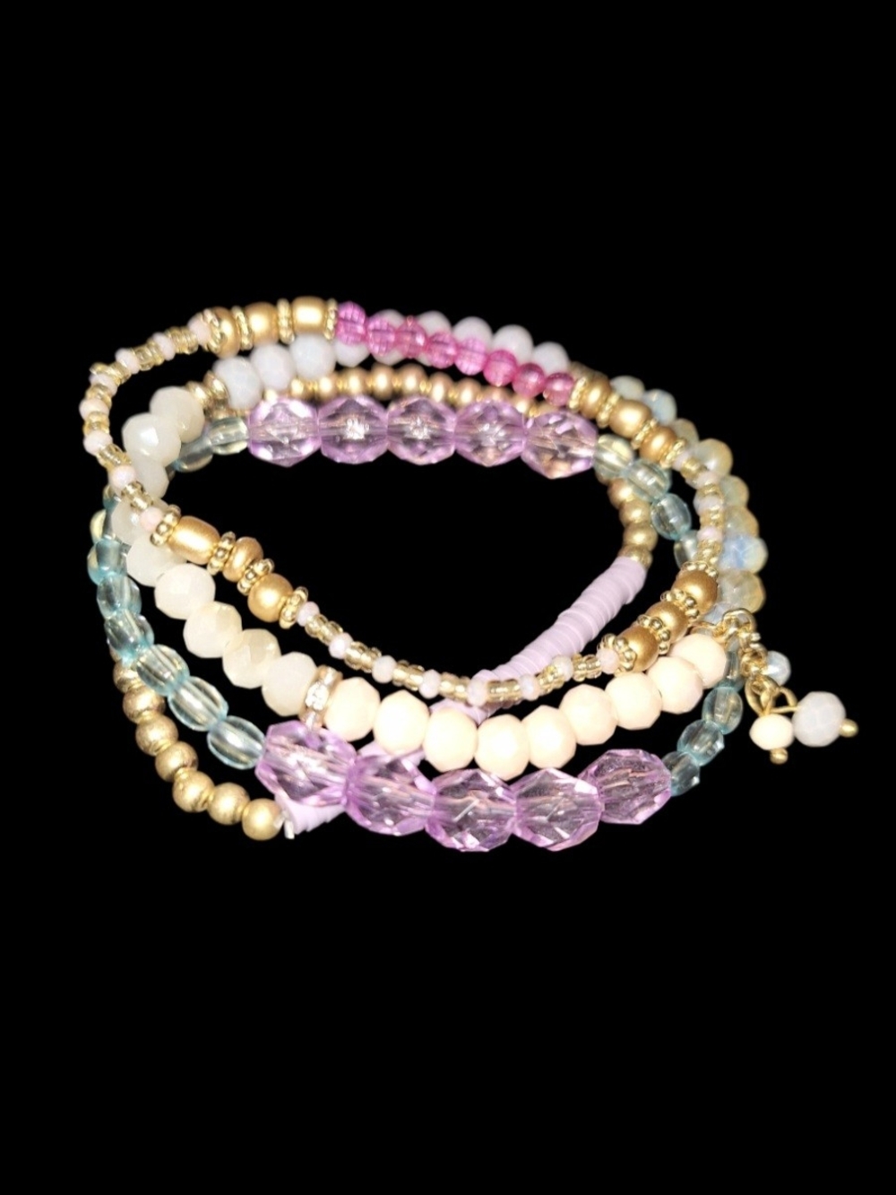Pastel Beaded Stackable Bracelet Set - Gold & Lavender